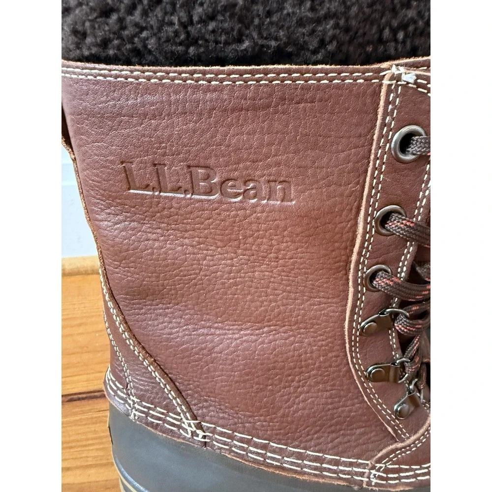 L.L. Bean Men's Snow Boots W/Tumbled Brown Leather Size 10M Felt Faux Fur Insert